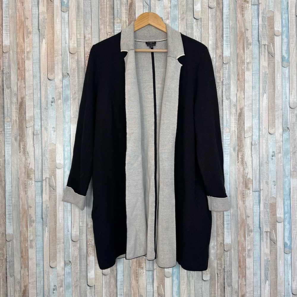 Talbots 1X Merino Wool Open Front Cardigan Sweater Jacket Long Plus Black Career